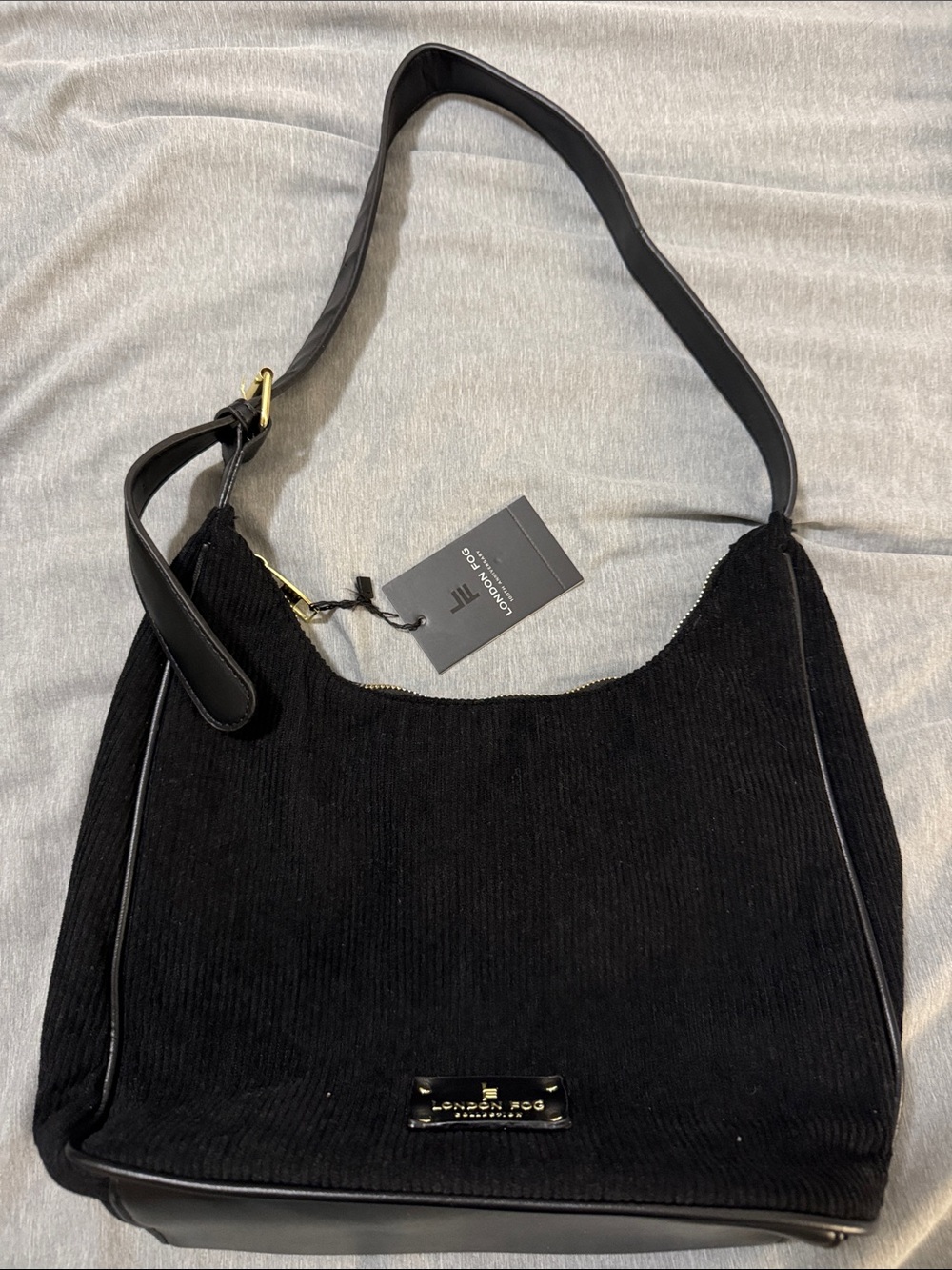London Fog Black Corduroy Shoulder Bag with Gold Accents